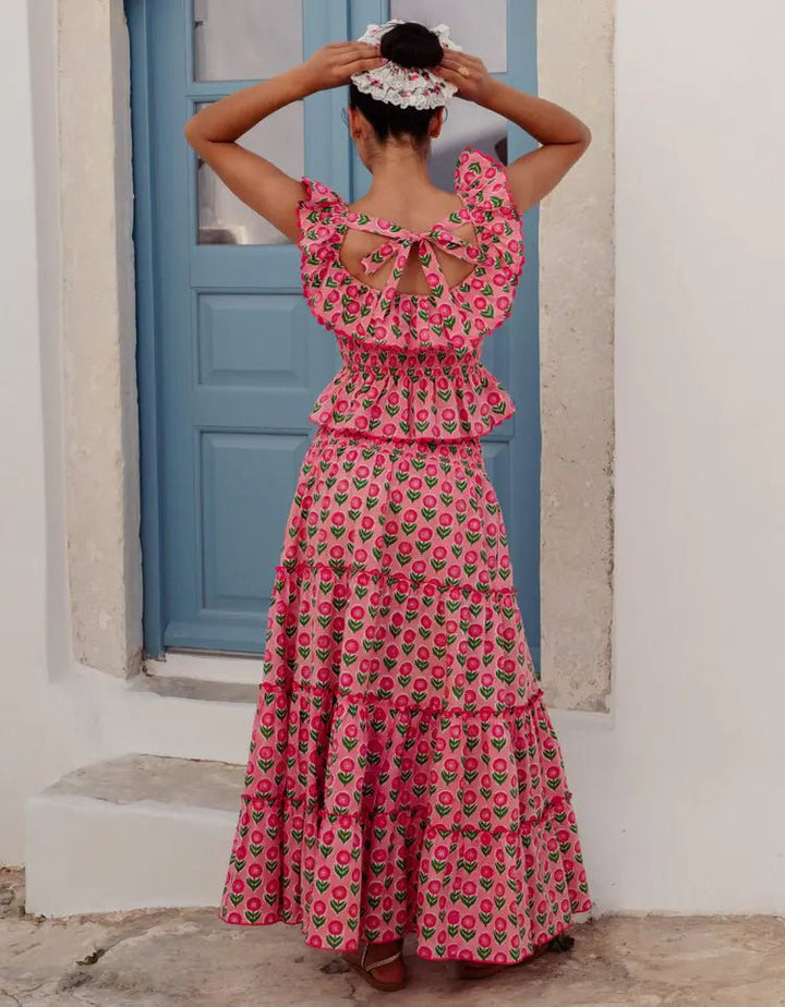 pink city prints rah rah dress PINK CITY PRINTS Rah Rah in 70's Strawberry Pink Floral Cotton Maxi Dress S