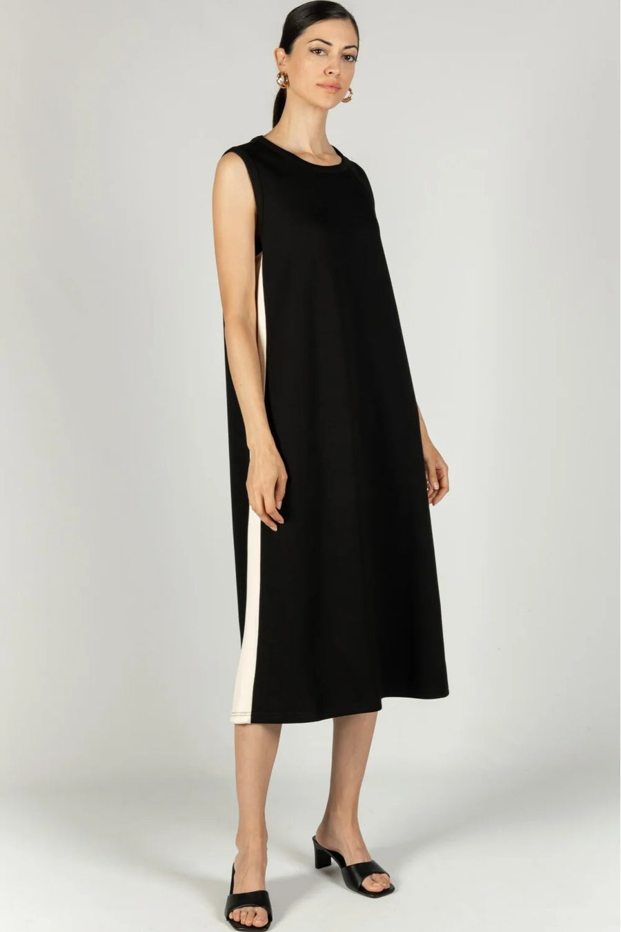Scuba Modal Sleeveless Side Stripe Midi Dress - Black