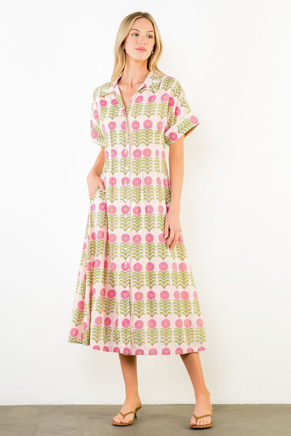 Short Sleeve Floral Pattern Button Down Dress - Capri by Sunset & Co.