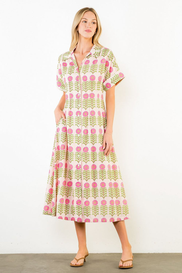 Short Sleeve Floral Pattern Button Down Dress - Capri by Sunset & Co.