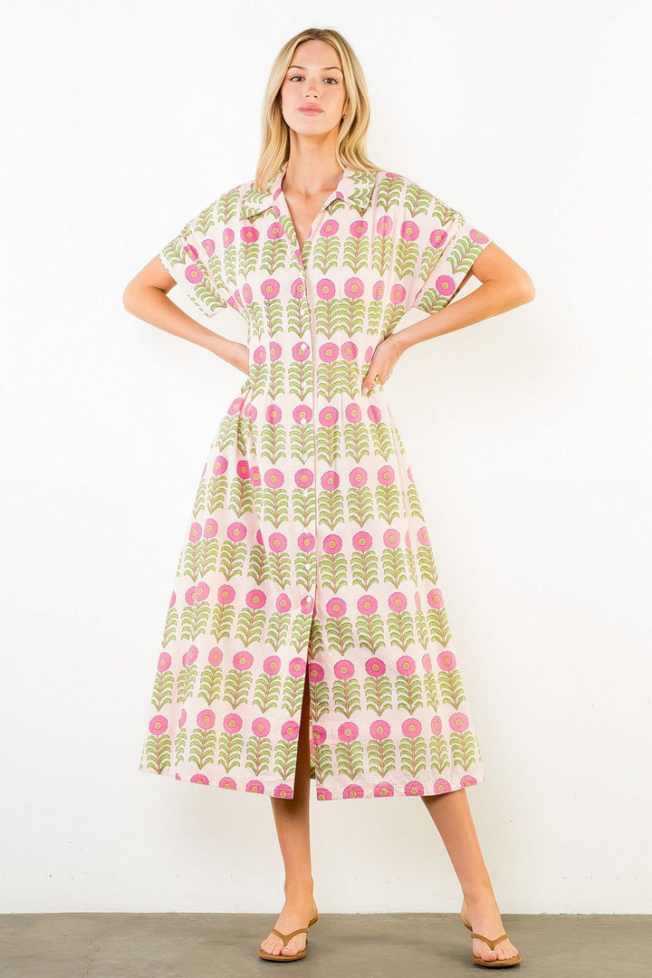 Short Sleeve Floral Pattern Button Down Dress - Capri by Sunset & Co.