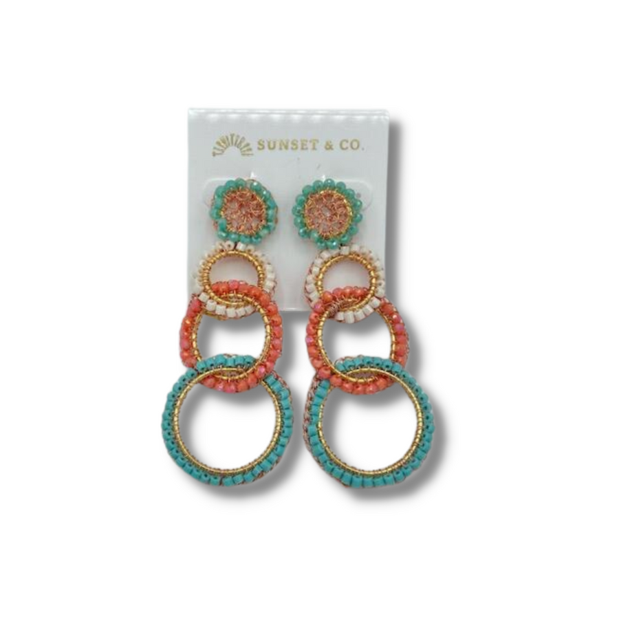 Handmade Crochet Drop Circle Earrings - Coral & Turquoise