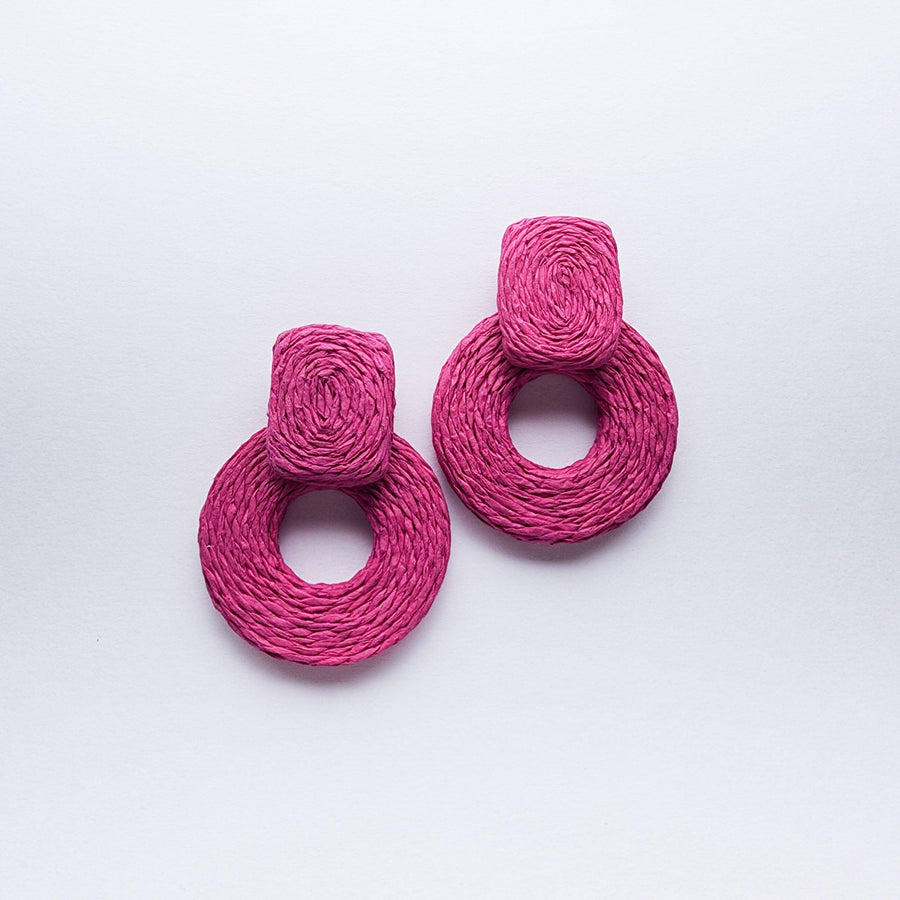 Raffia Square Hoop Earrings - Hot Pink