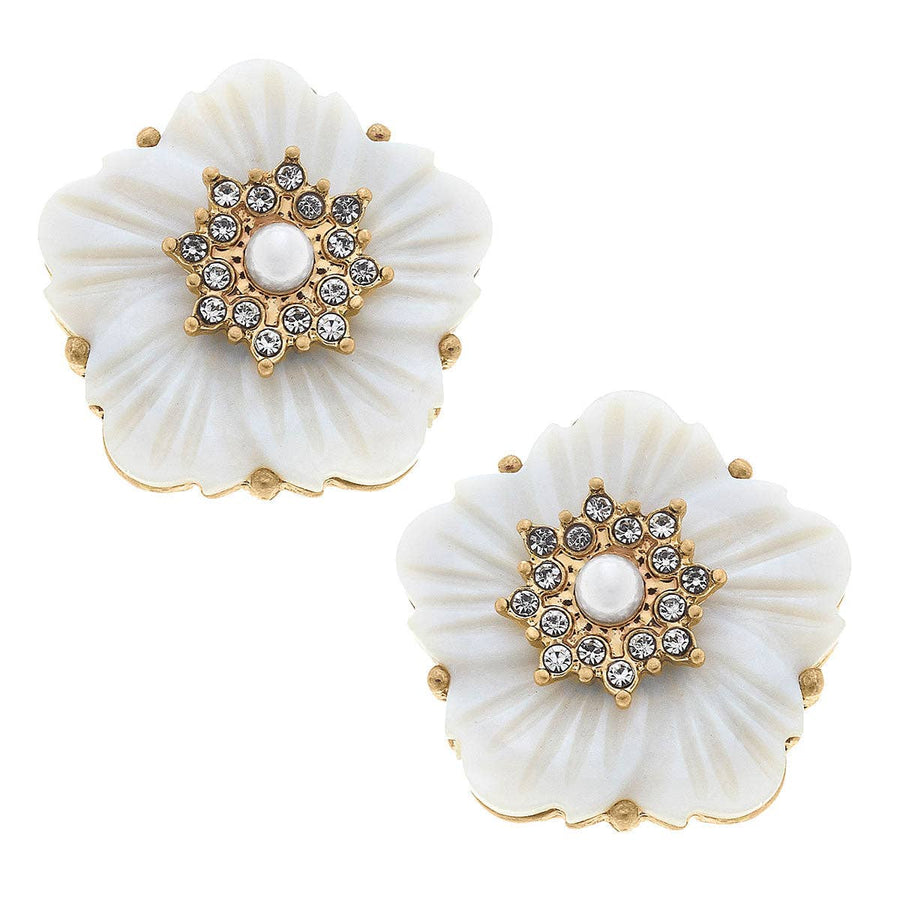 Eve Pave and Pearl Flower Stud Earrings - Ivory