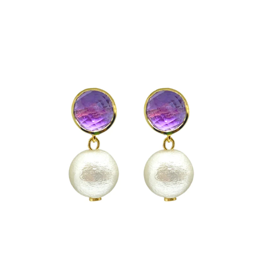 Triomphe Earrings - Amethyst & Cotton Pearl